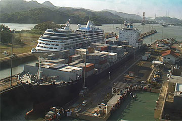 The MS Regatta Cruise Ship in the Miraflores Panama Canal Locks