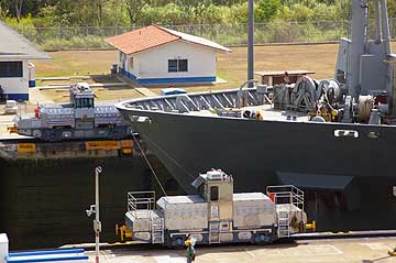 Two Locomotives working at the Miraflores Locks