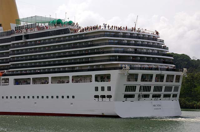 The MS Arcadias back view in the Panama Canal
