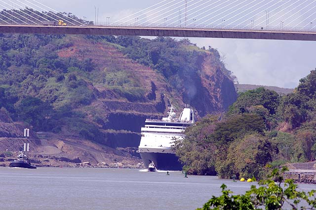 The Maasdam emerging from the Culebra Cut under the Centennial Bridge