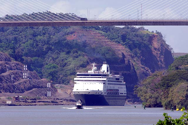 The Maasdam passing under the Centennial Bridge in the Panama Canal