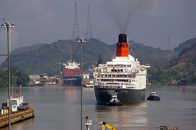 The RMS Queen Elizabeth clearing the Miraflores Locks in the Panama Canal