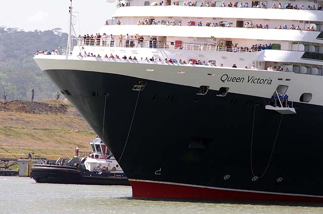 The MS Queen Victoria front close up view in the Panama Canal