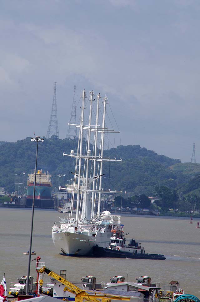 The msy Wind Star cruise ship with a Panama Canal tugboat