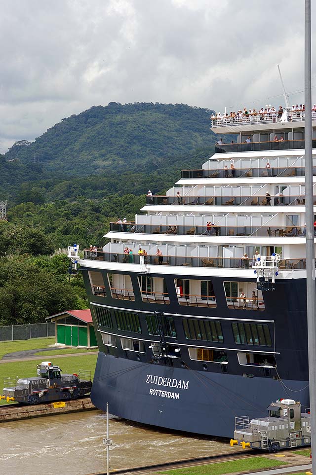 The MS Zuiderdam Cruise Ship back view in the Panama Canal